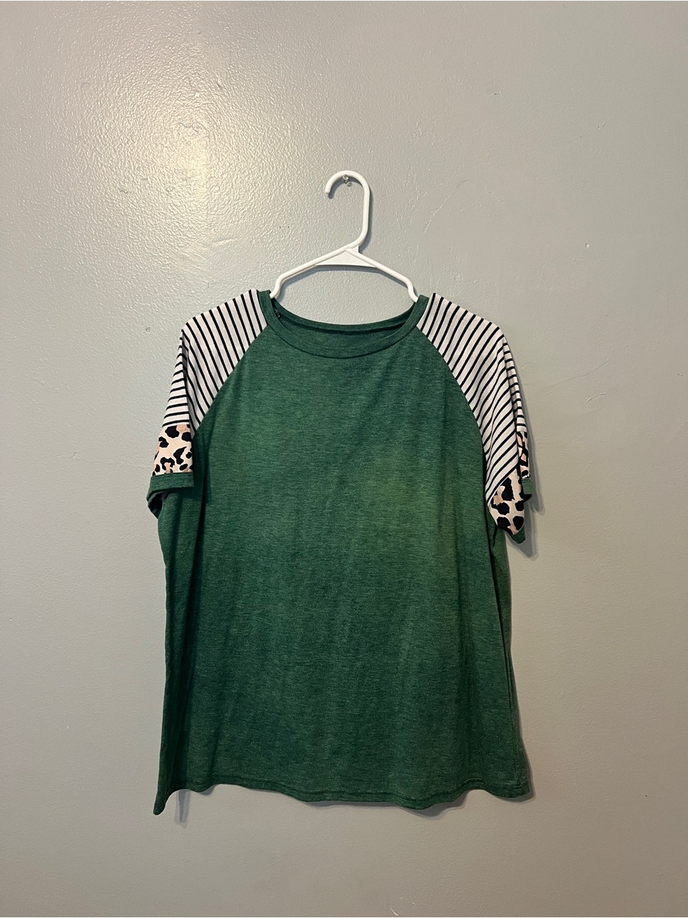 Girls' Green Raglan Top with Striped & Leopard Sleeve Detail